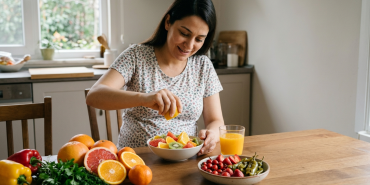 Gebelikte C vitamini içeren portakal, biber ve brokoliyle hazırlanmış beslenme masası