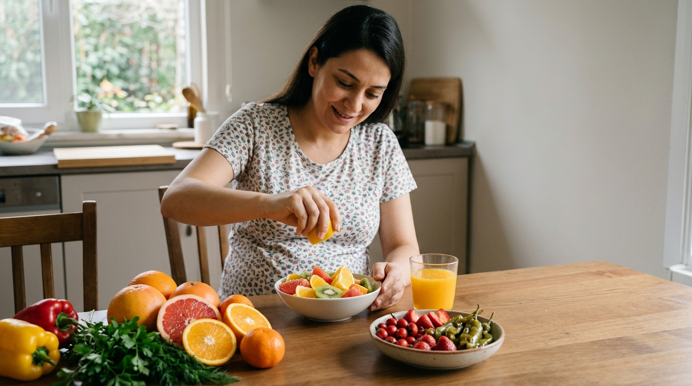 Gebelikte C vitamini içeren portakal, biber ve brokoliyle hazırlanmış beslenme masası